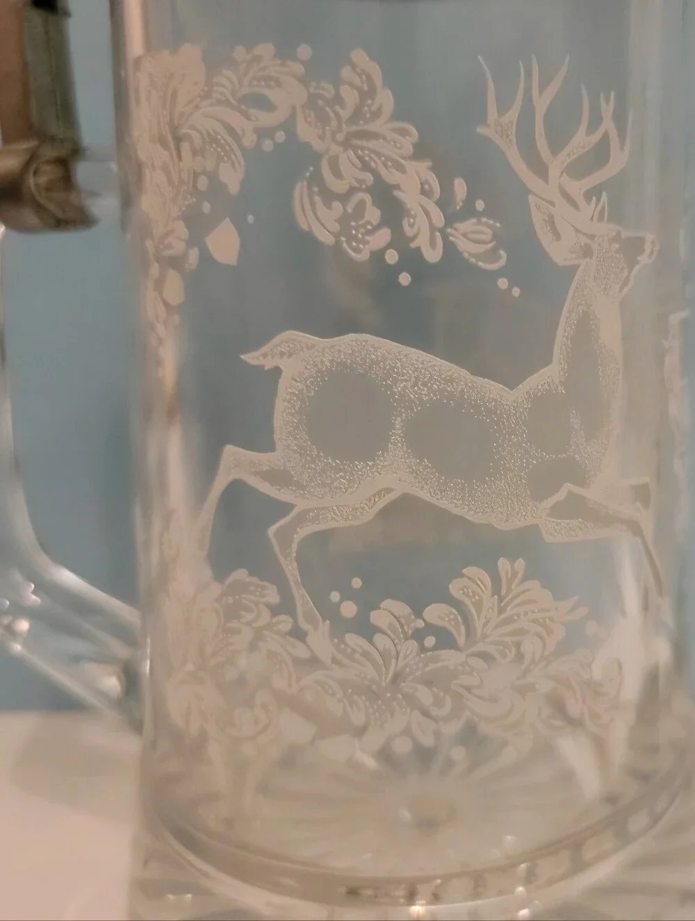 German Vintage Glass Beer Stein Pewter Lid- White Enameked Deer/ Stsg Motif